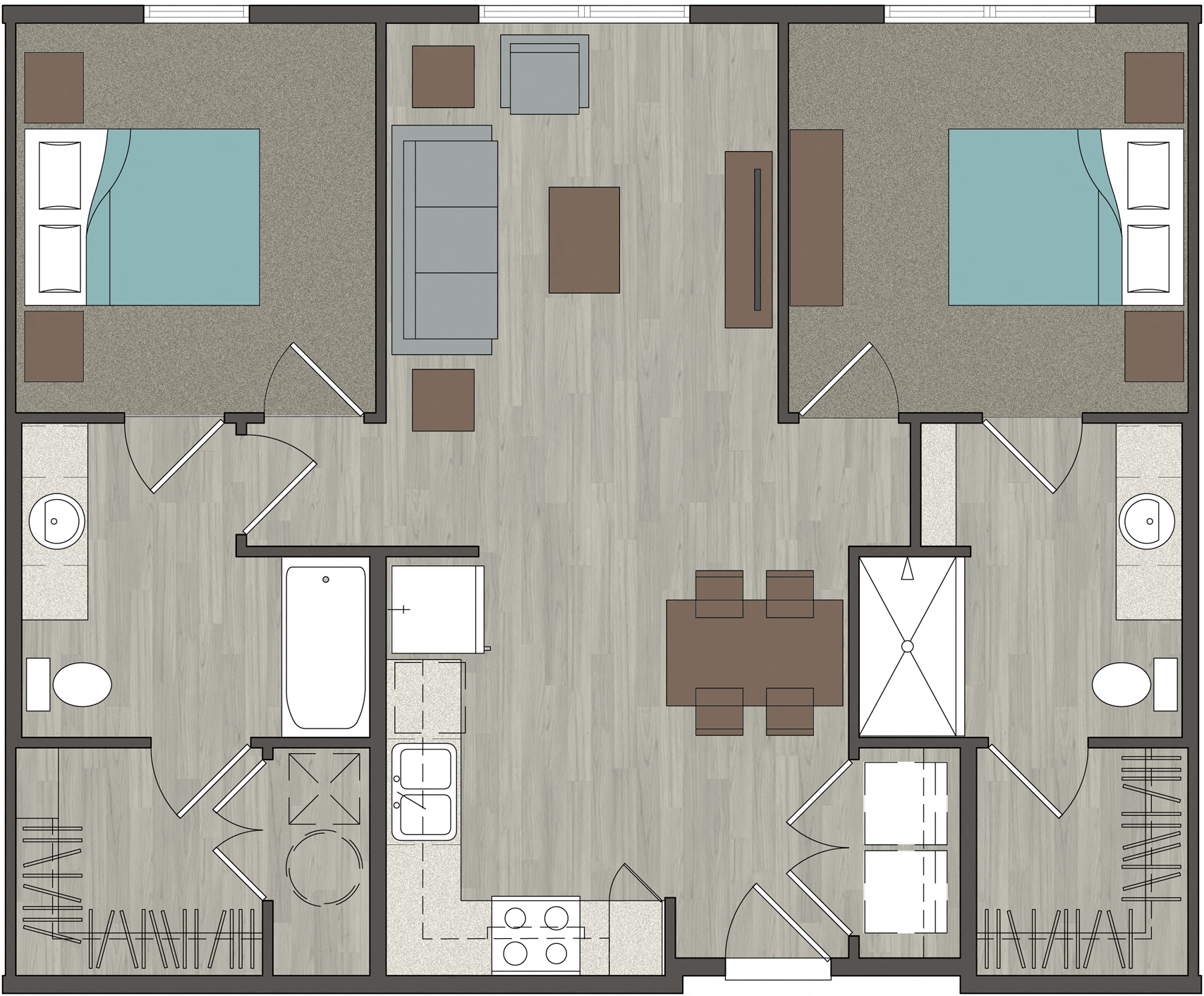 Floor plan for 2 beds, 2 baths, 948 sqft